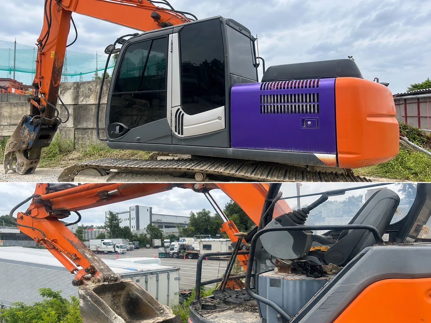 Photo collage showing an excavator body, bucket and compact excavator operator seat